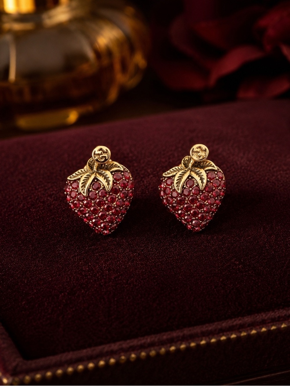Gold Red Crystal Strawberry Stud Earrings